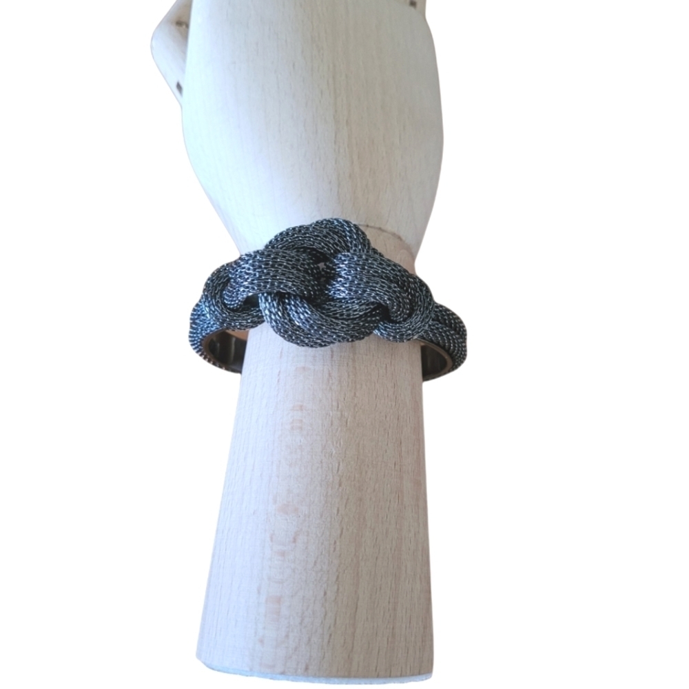 Y2K Gunmetal Mesh Knot Cuff Bracelet Dark Silver Woven‎ Metal Statement Jewelry